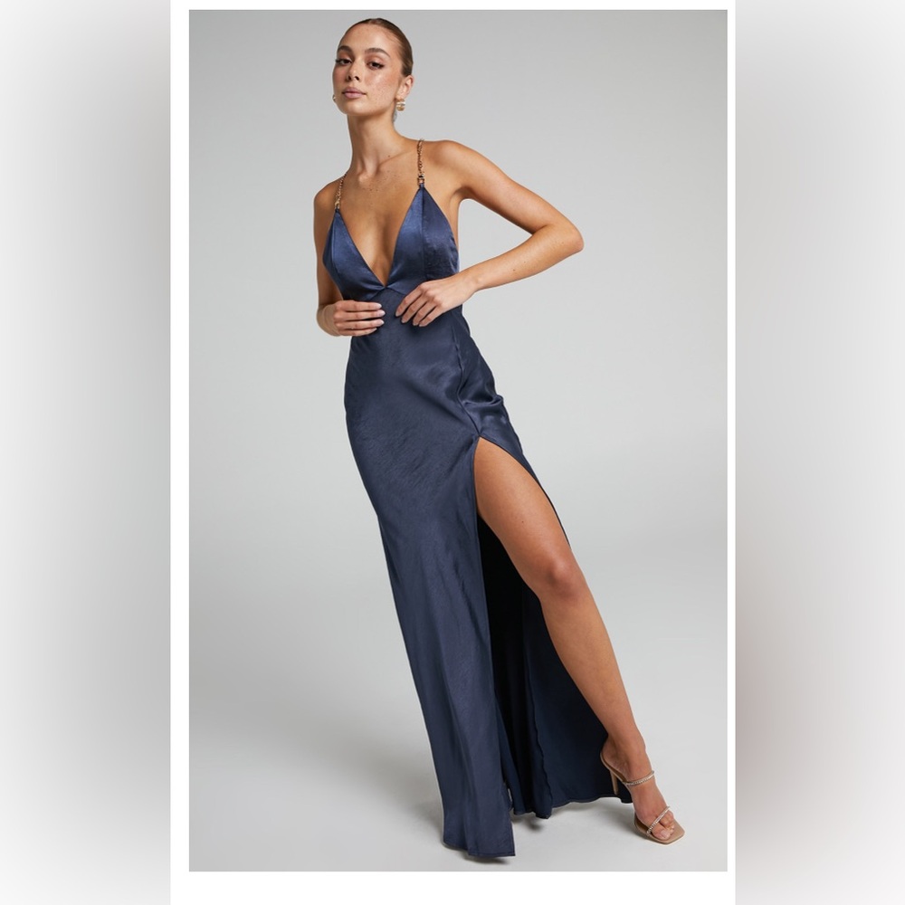 Cheche Chain Strap Plunge Bias Cut Satin Maxi Navy Dress